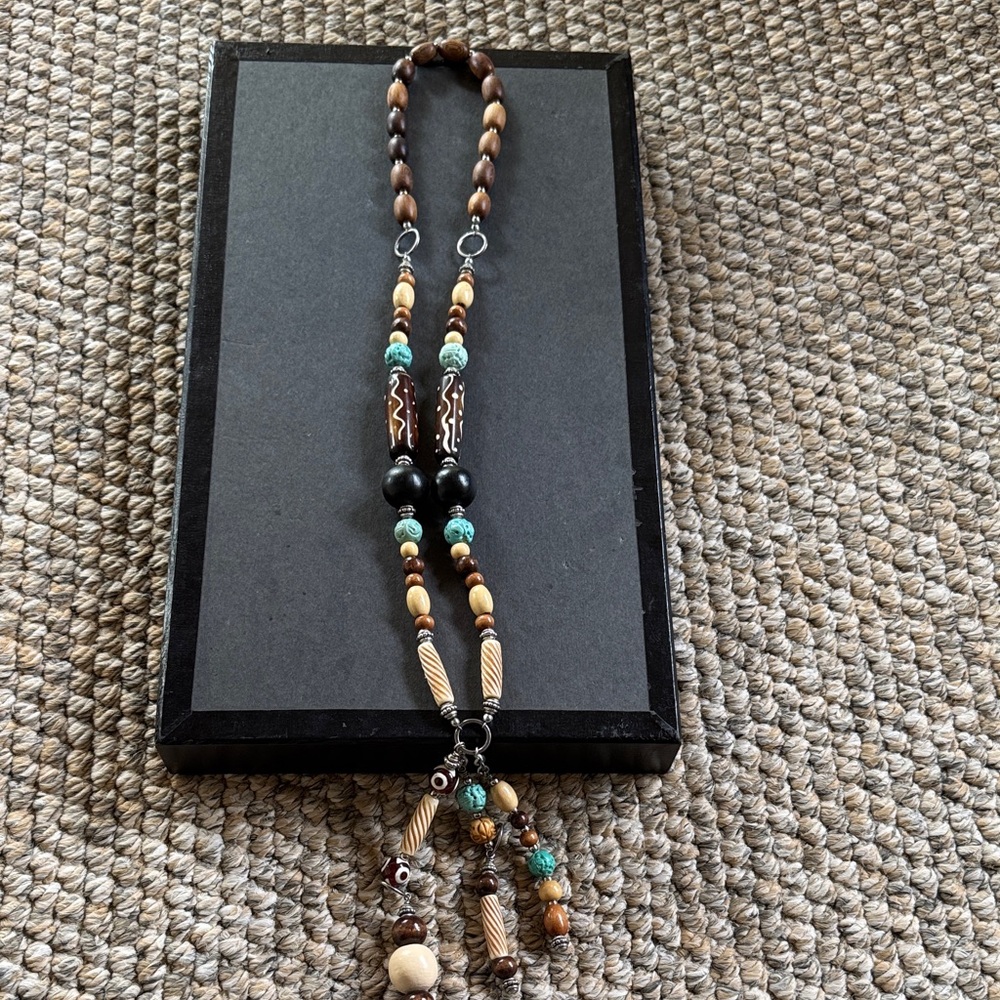 Boho Beaded Tassel Necklace in Brown & Turquoise like new